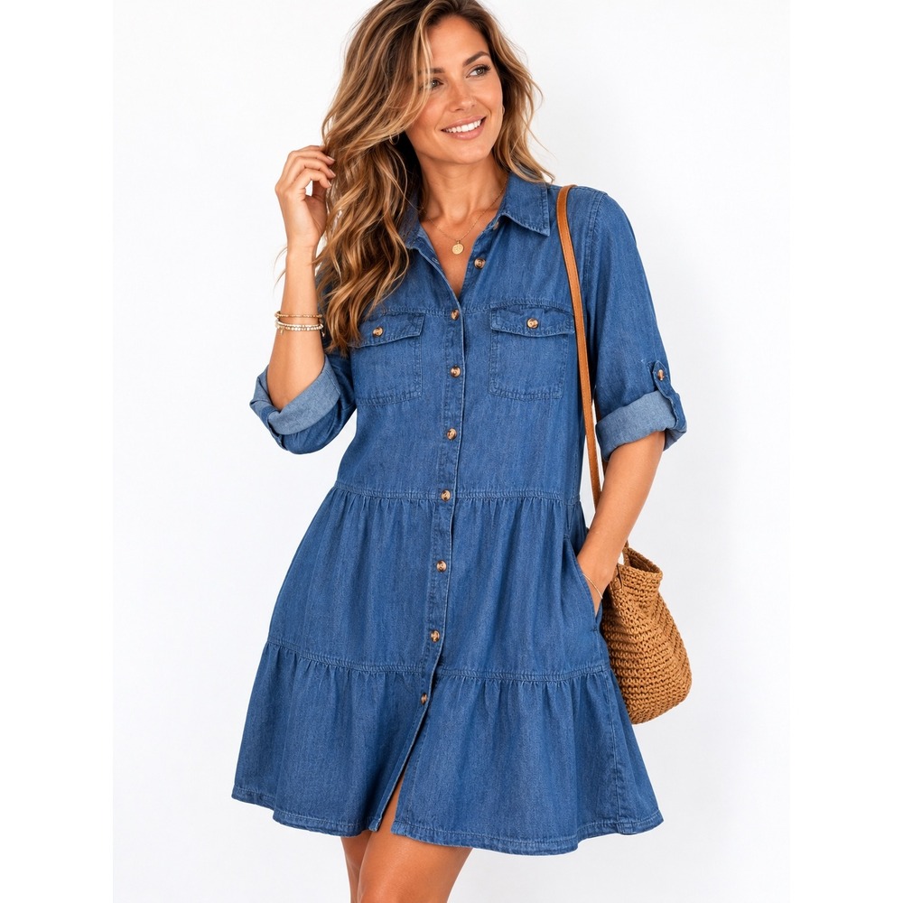 Speed Limit Medium Chambray Tiered‎ Shirt Dress Blue 100% Cotton Roll Tab Sleeve